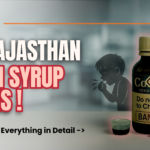 Bottle of banned cough syrup linked to child deaths in Madhya Pradesh and Rajasthan, with warning sign and silhouettes of coughing children.